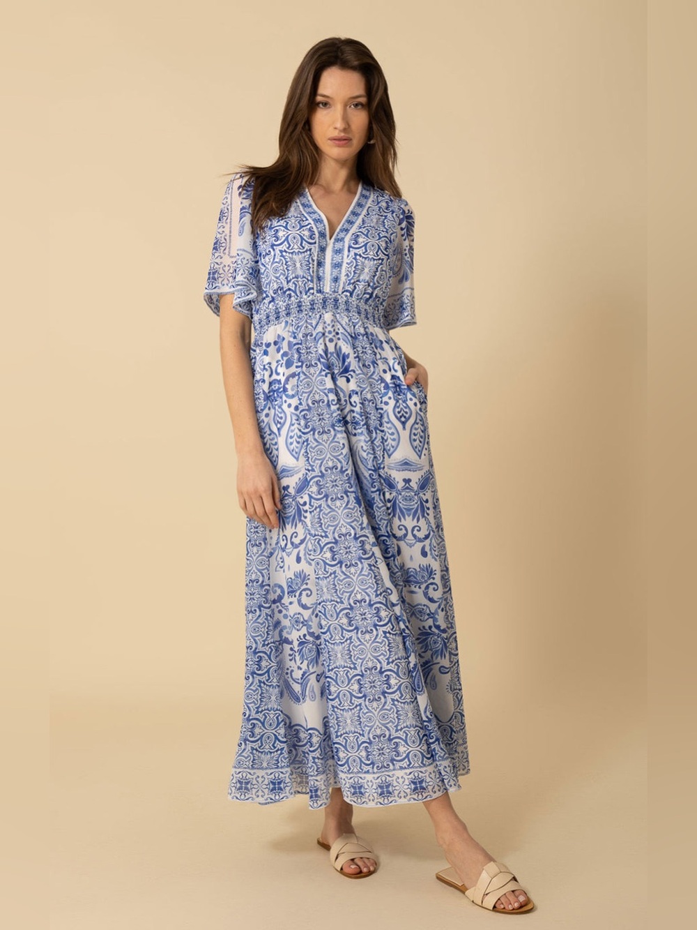 Hale Bob Ellis Chiffon Maxi Dress Blue White Size S